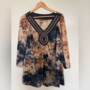 Women’s 3X velvet burnout Elegant Beaded V-Neck Floral Top fairy whimsigoth